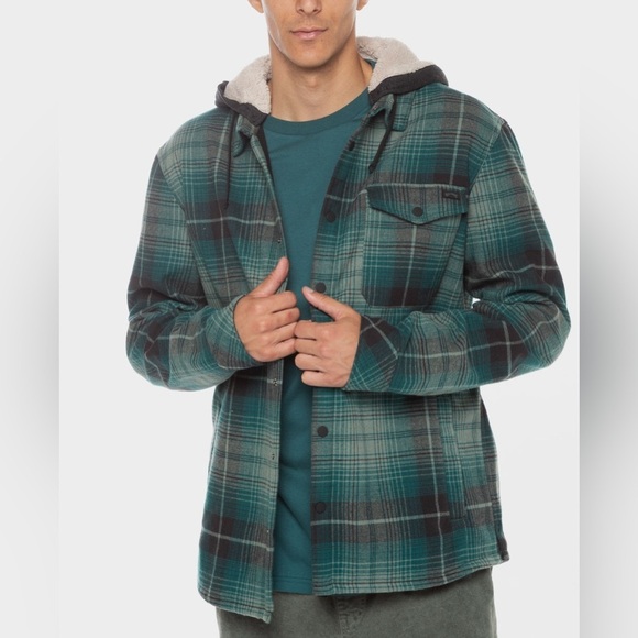 Men's Billabong Furnace Bonded Hooded Flannel Shirt Jacket XL Green Blue Hood - Picture 1 of 12
